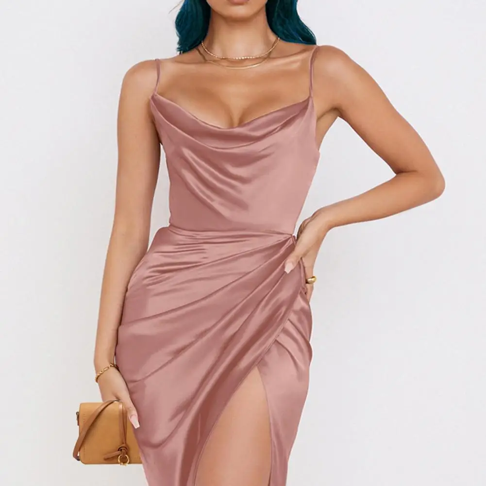 

Lady Party Dress Low-cut Sleeveless Solid Color Backless Spaghetti Strap Dress-up Pleated High Split Prom Midi Dress Women Cloth
