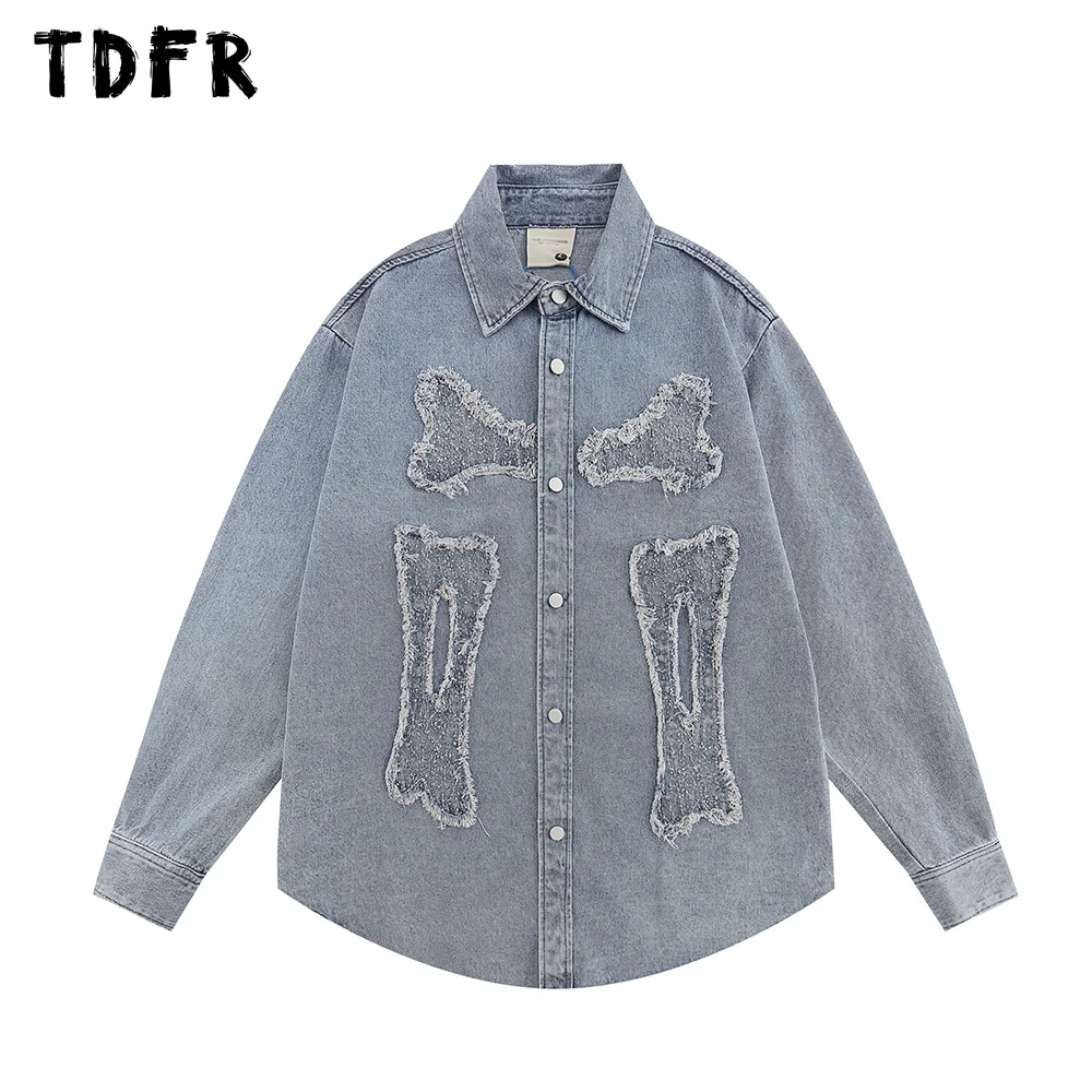 

Skeleton Patch Denim Shirts Mens Autumn Washed Distressed Lapel Curved Hem Long Sleeve Lapel Shirts Men