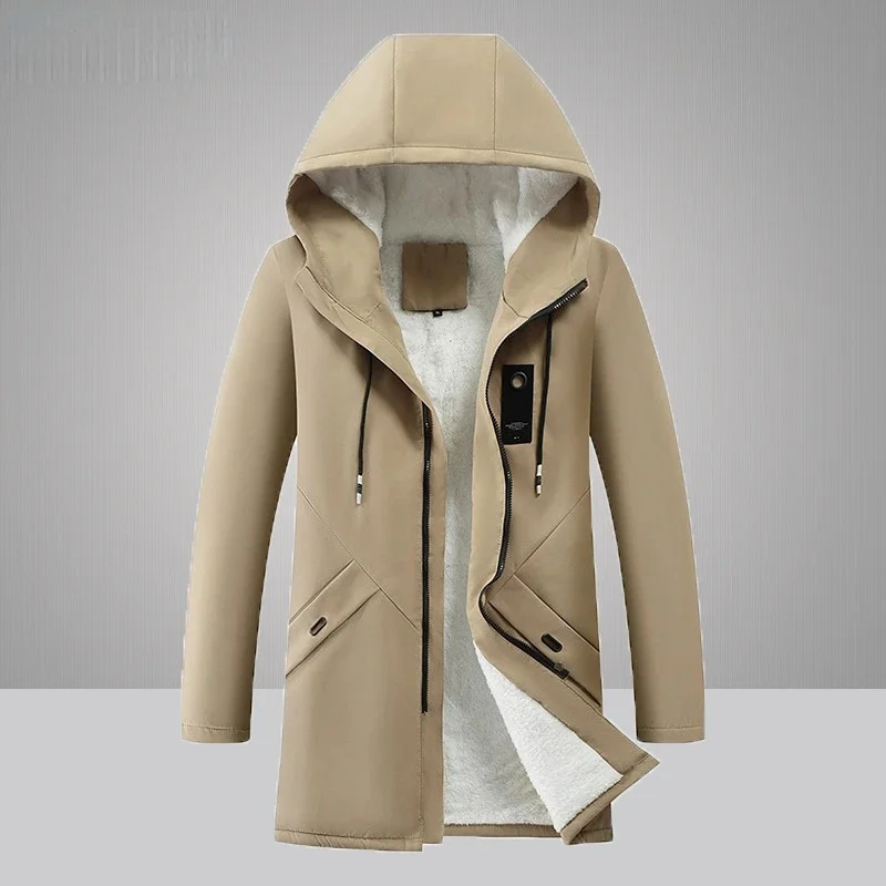 

Men's Cotton Windproof Solid Color Coats Parkas Jackets for Long Hooded Coat Winter Warm Thick Fleece Jacket