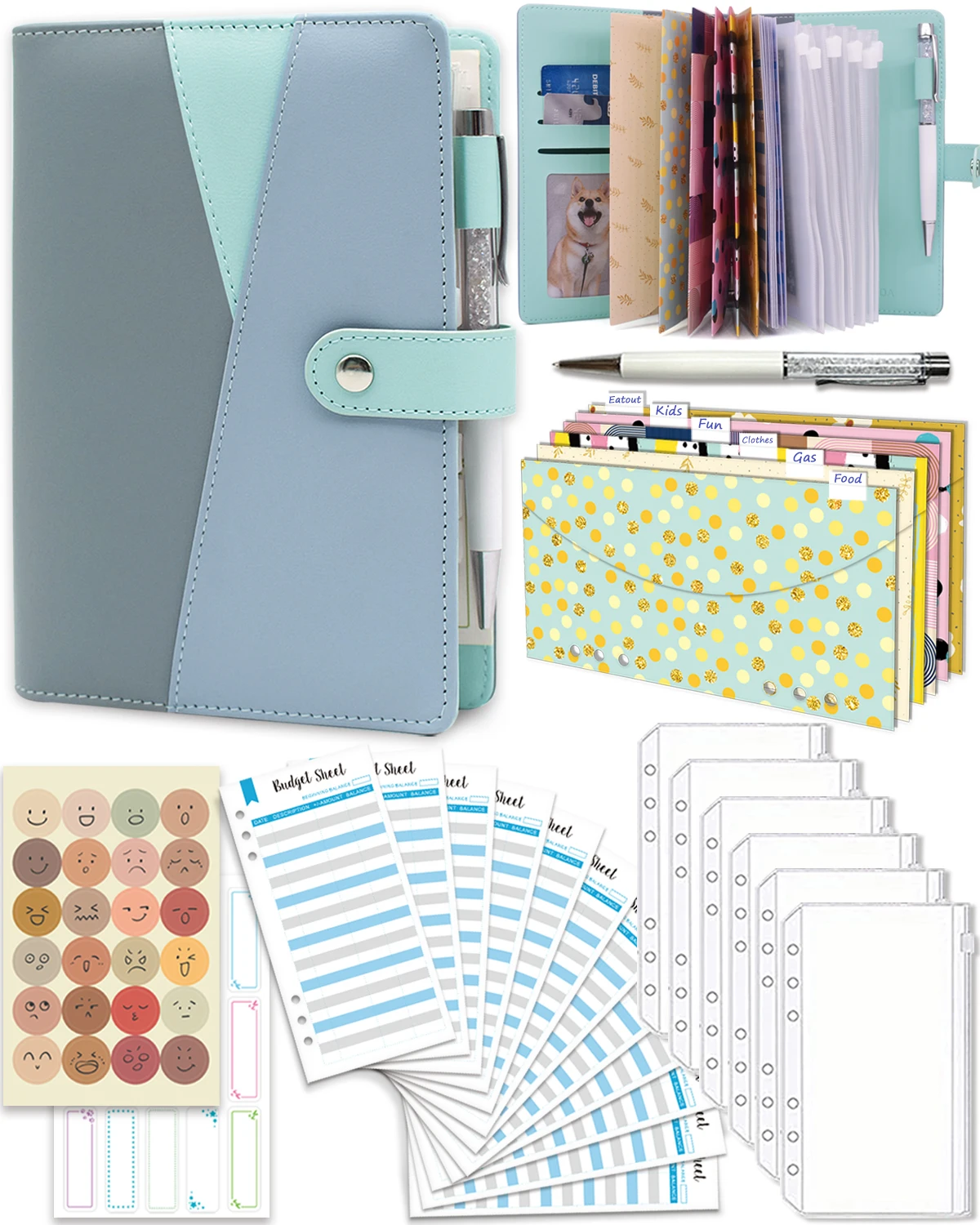 Budget Binder with Zipper Envelopes Cash Envelopes with Budget Sheets PVC Pockets Stickers & Pen