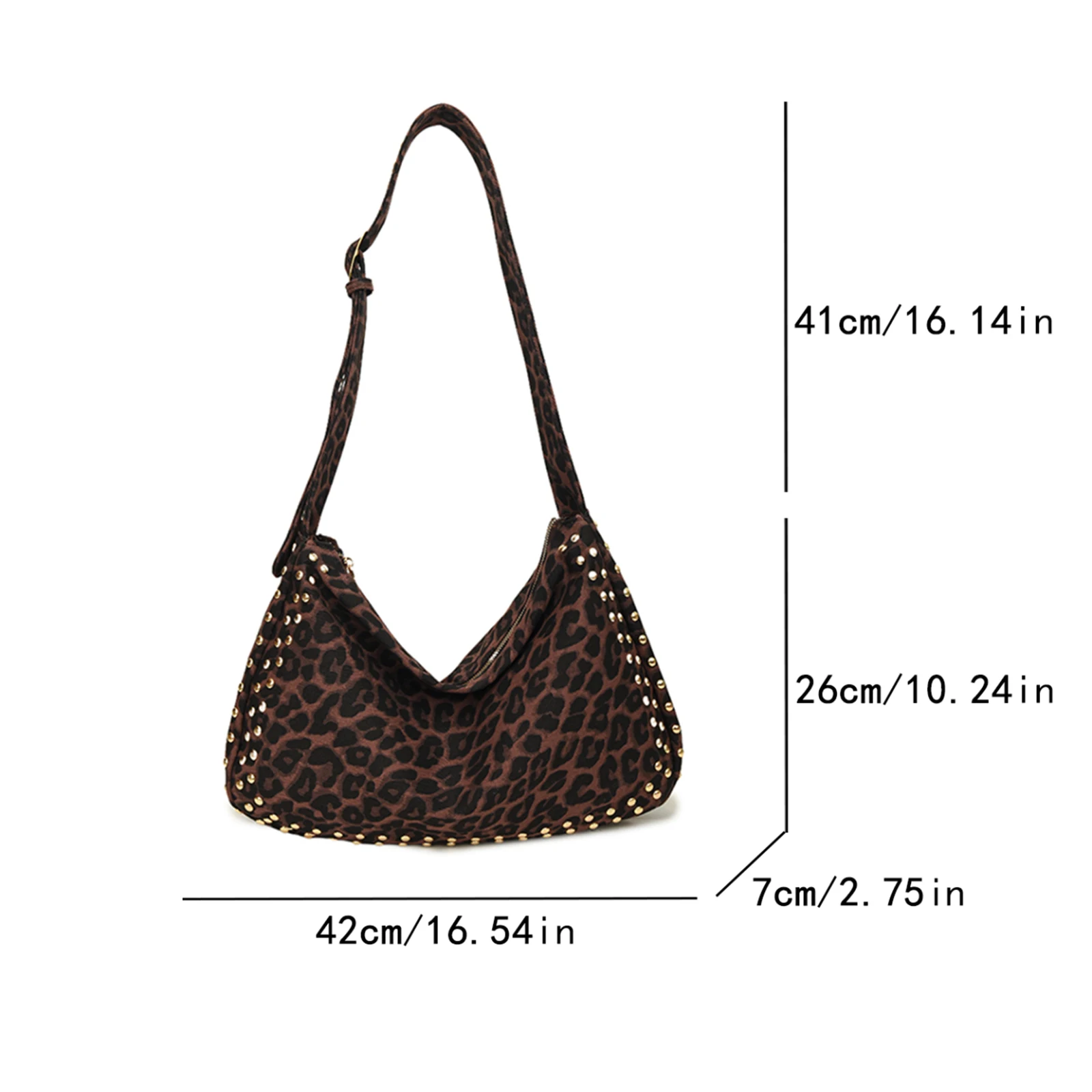 Canvas Rivet Shoulder Bag Leopard Print Trendy Crossbody Bag Large Capacity Metal Stud Sling Bag Commute Bag
