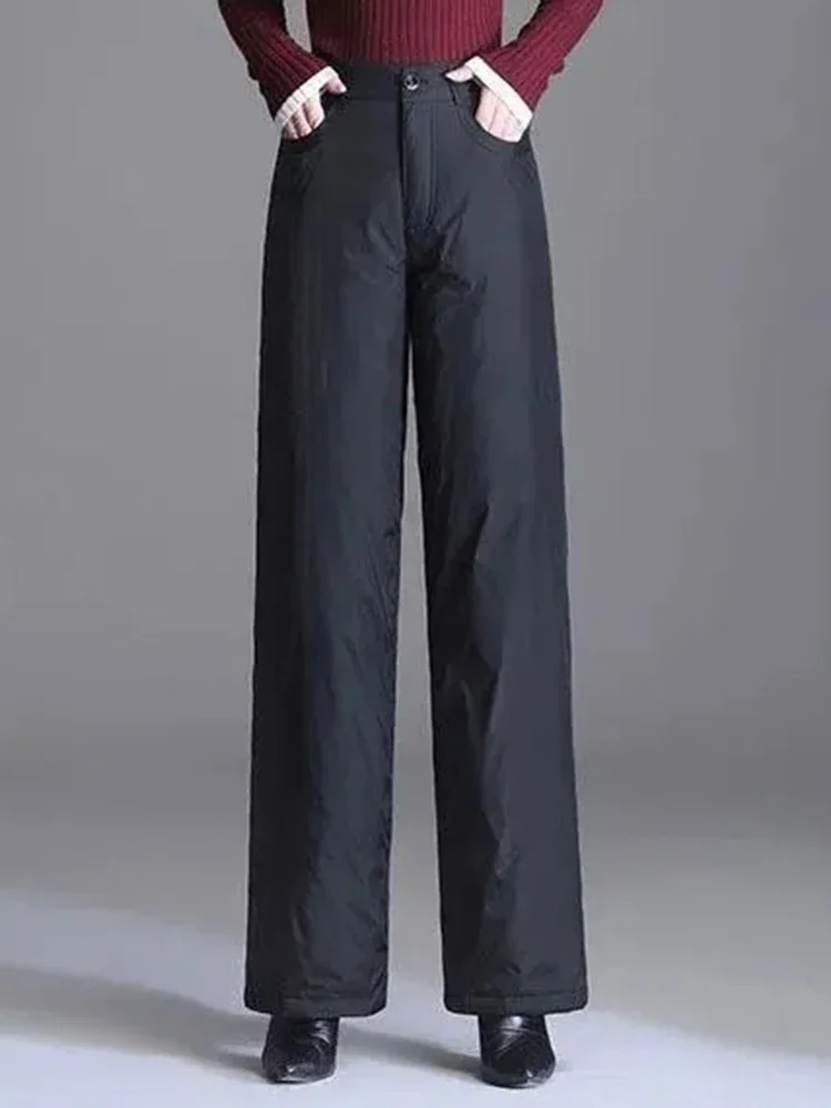 Winter High Waist Women Down Cotton Wide Leg Pants Causal Thicken Fluffy Baggy Pantalones Snow Warm Windproof Straight Spodnie