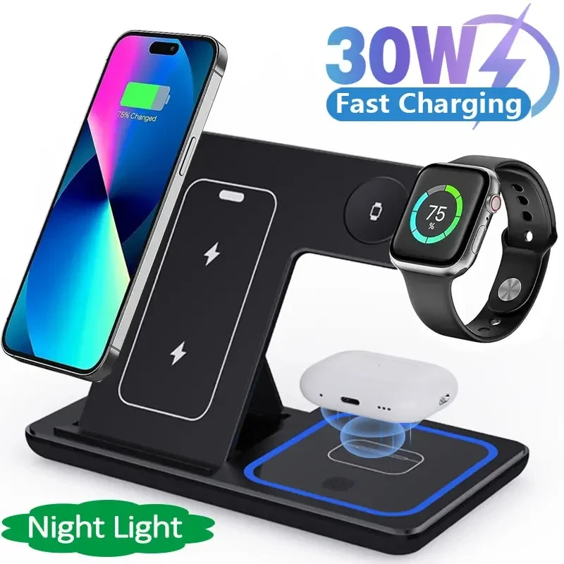 

3 in 1 Wireless Charger Stand Pad For iPhone 15 14 13 12 X Max Foldable Fast Charging Station Dock For IWatch 8 7 SE AirPods Pro