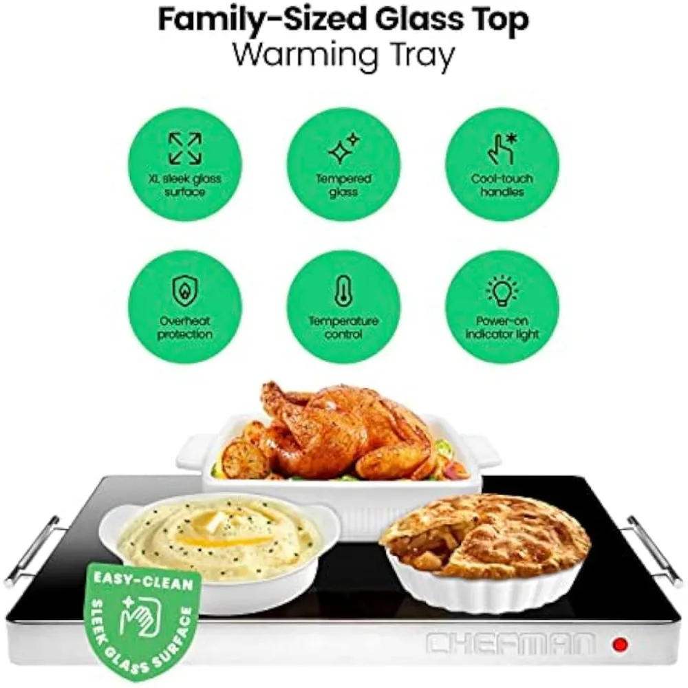 Chefman Electric Warming Tray with Adjustable Temperature Control, Glass Top Large 21&rdquo;x16&rdquo; Surface Keeps Food Hot,Black