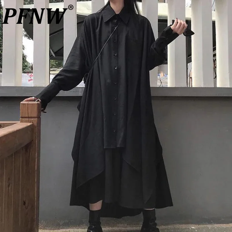 

PFNW Autumn Men's High Street Darkwear Long Sleeved Mid Length Shirts Irregular Skirt Design Tide Handsome Baggy Tops 12Z1833