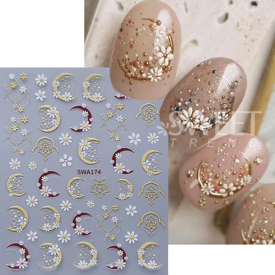 2pcs Metallic Florals Nail Stickers 3D Gold Rose Gold Moon Daisy Petals Simple Nail Decals Bohemia Manicure Decoration Sliders