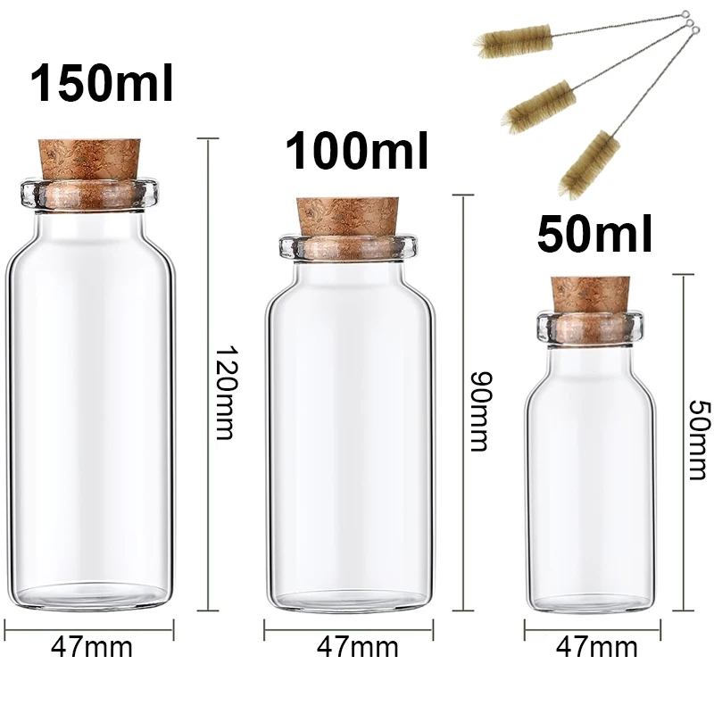 1pcs/1set of 50-150ml transparent cork empty glass bottle with label and brush candy storage glas jar household storage jar vial 3