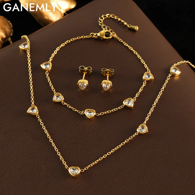 GANEMLY 316L الفولاذ المقاوم للصدأ الساطع القلب الزركون قلادة سوار طقم من الحلقان للنساء موضة فاخرة مجموعة مجوهرات مقاومة للماء 1