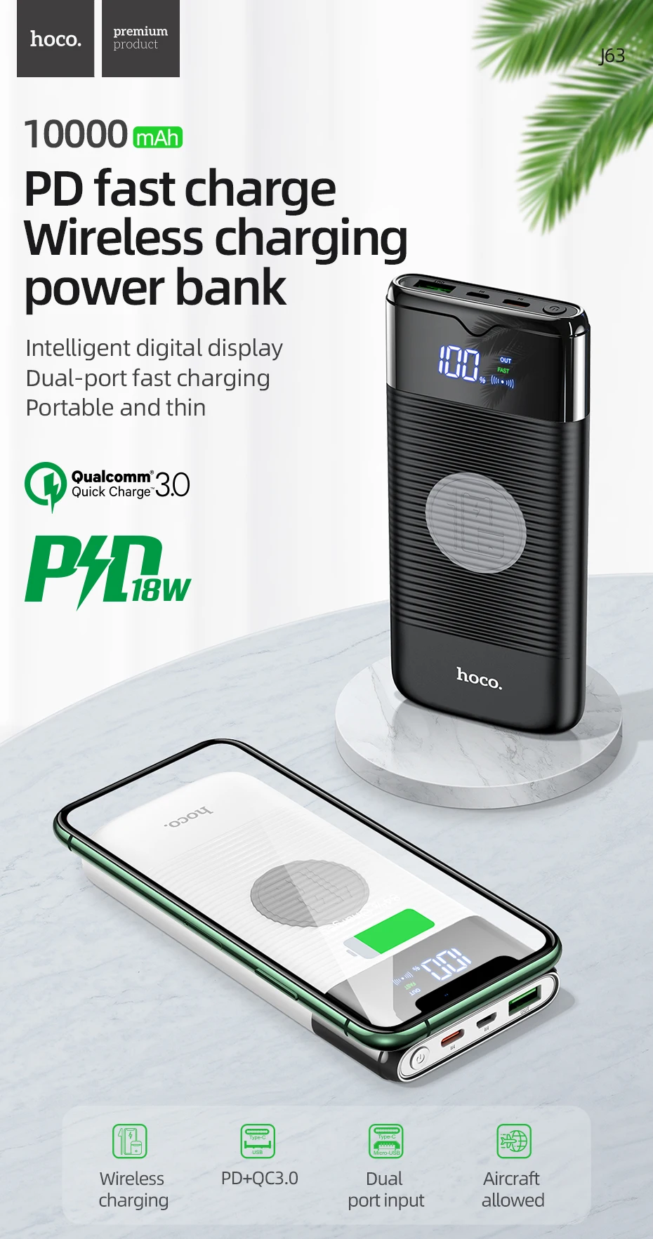 portable battery charger HOCO Power Bank 10000mAh 22.5Ｗ PD Fast Charging with 15W wireless charging Powerbank Portable Battery Charge For iphone 13 12 11 pocket power bank