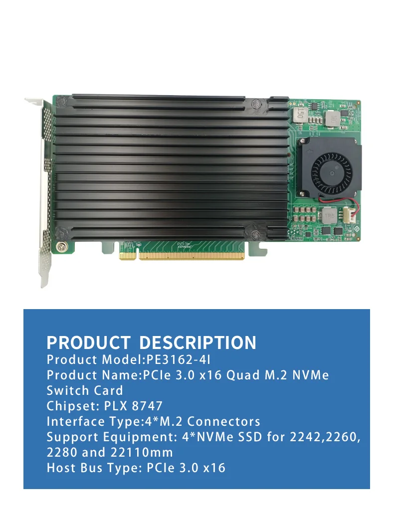 Description Picture 3 of item4 M.2 NVMe SSD PCIe x16 Adapter with PLX 8747 PCI Express 3.0 x16 Switch to 4 Ports M.2 Adapter Card---STC PE3162-4I