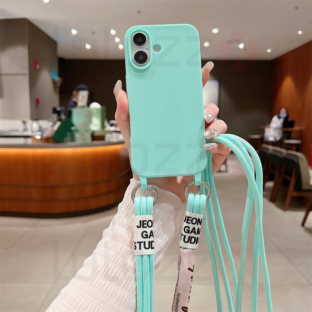 Crossbody Necklace Strap Cord Matte Soft Phone Case For iPhone 16 15 Pro Max 14 Plus 13 12 11 Liquid Silicone Shockproof Cover_voghion.com