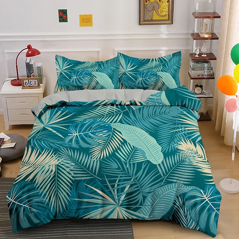 TropicalBotanicalLeavesKingQueenDuvetCoverGreenPalmLeaves