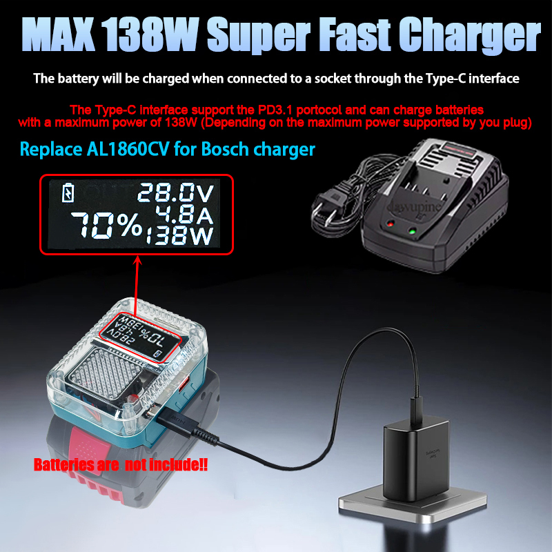 BAT618 Lithium Battery Case Adapter Converter For Bosch 18V Li-ion Battery Charger USB Type C Power Bank 1018K AL1820CV