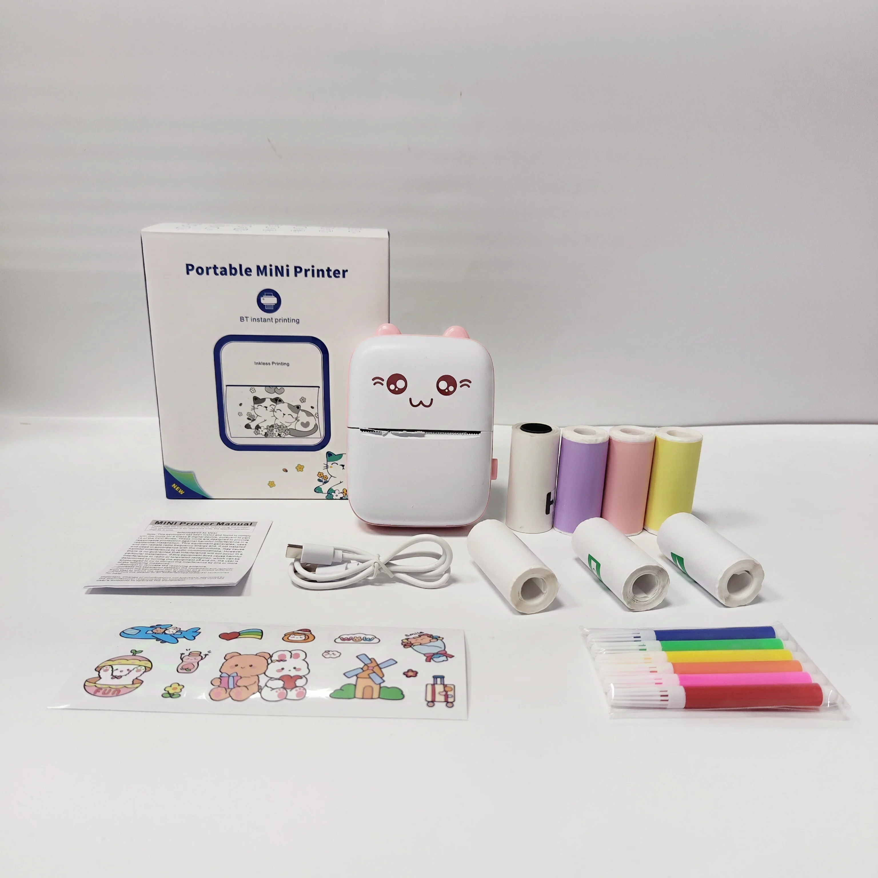 휴대용 무선 미니 포켓 프린터 (3색 스티커 용지, 3롤 스티커, 1롤 투명 스티커, 6색 펜 포함)