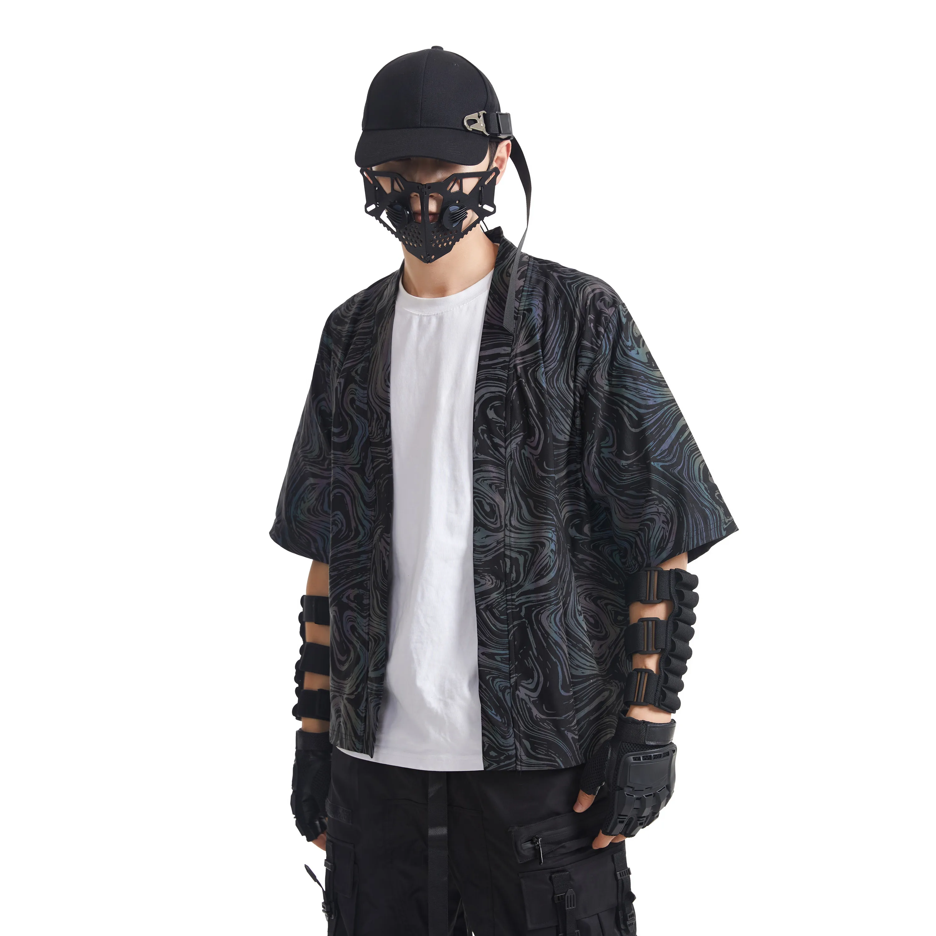 Men Autumn Colorful Reflective Punk Hip Hop Short Sleeve Shirt Japanese Style Knitted Cardigan Kimono