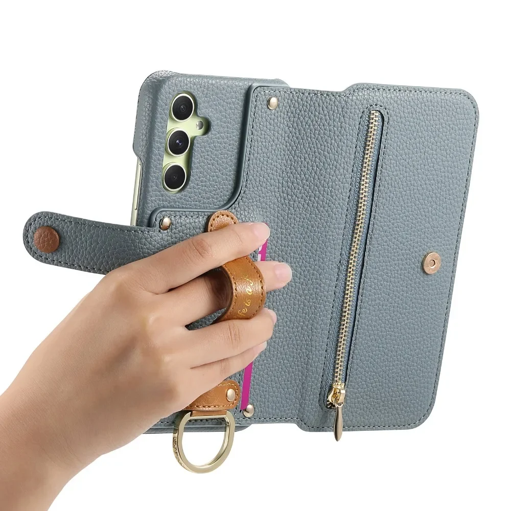 Card Holder Wallet Wrist Strap Ring Flip Phone Case