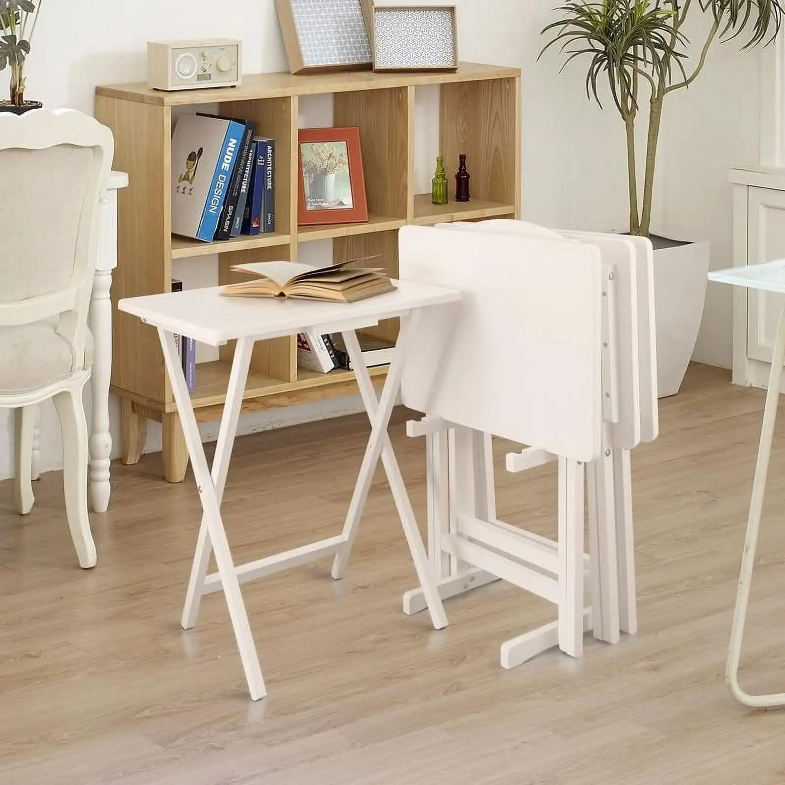 

5 Piece TV Tray Table Set in White (4 Trays, 1 Stand)