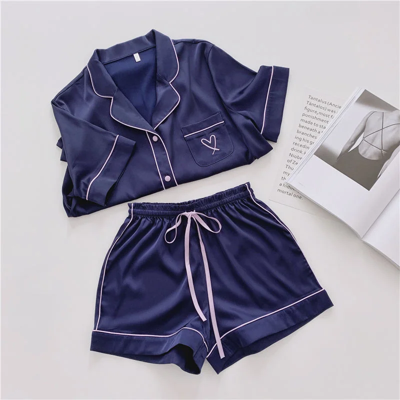 Ling 2pcs Womens Ice Silk Pajamas Set Heart Print  Female Loungewear Cardigan Home Clothes Sleepwear PajamasSummer Short Sleeve