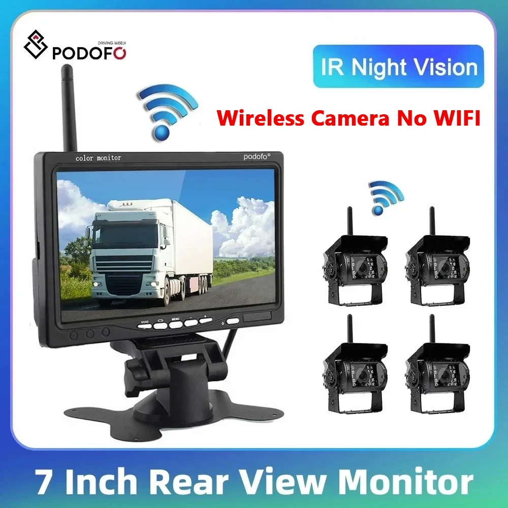 Draadloze achteruitrijcameraset HD 1080P, Podofo 7-inch monitor met draadloze achteruitrijcamera voor trailers, campers, vrachtwagens, auto's, bussen, IP68 waterdicht, nachtzicht, BSD, 12V-36V