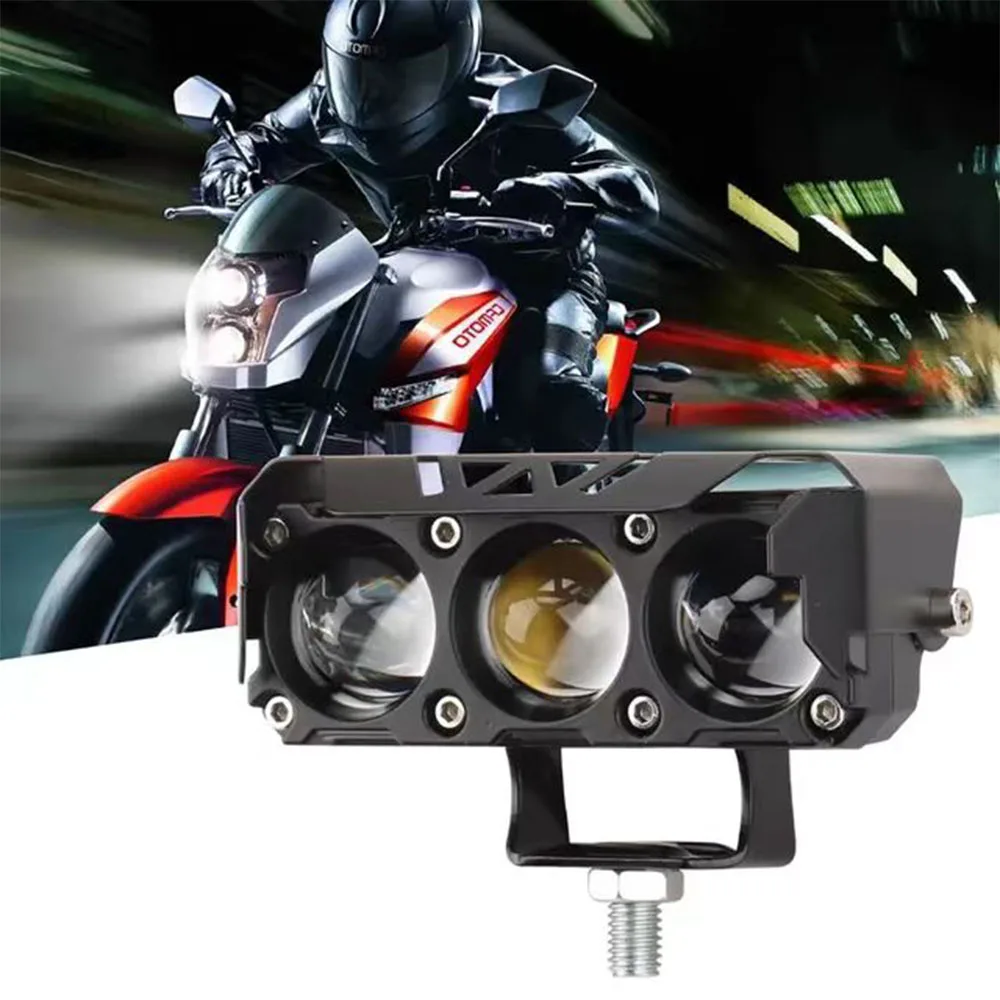 Motorcycle LED Lights Three eye light motorcycle LED spotlight dual color yellow and white high and low beam lights suitable for cars trucks 12V -