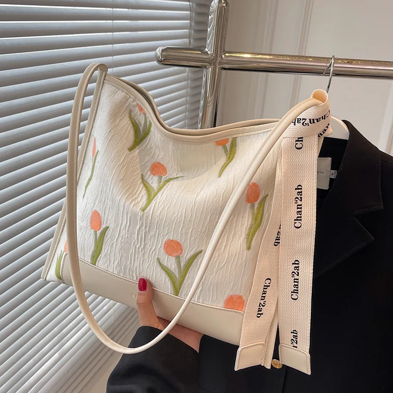 

Корейская холщовая большая сумка с вышивкой, модная сумка на плечо с тюльпаном, женские сумки, вместительная классная сумка для поездок, сумка-тоут