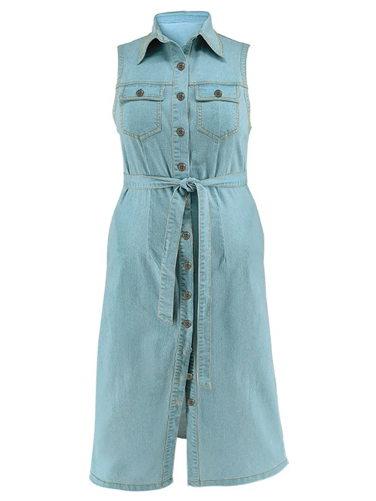 Wmstar Denim Plus Size Dresses for Women Summer 2024 Solid Button Elegant Shirts Maxi Dress Wholesale Dropshipping with Bandage