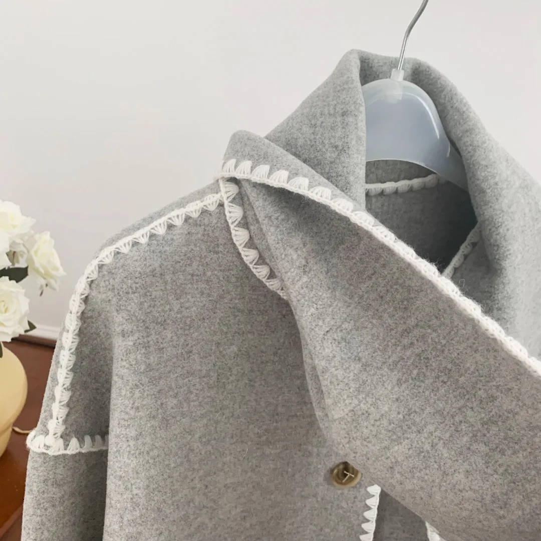 S36e3cfa9063240ceb977d91a35f5b38fy Women Fringe Scarf Collar Coat Double-sided Woollen Single Breasted Autumn Winter, Loose Embroidery Trim Female Casual Jacket Mallzona