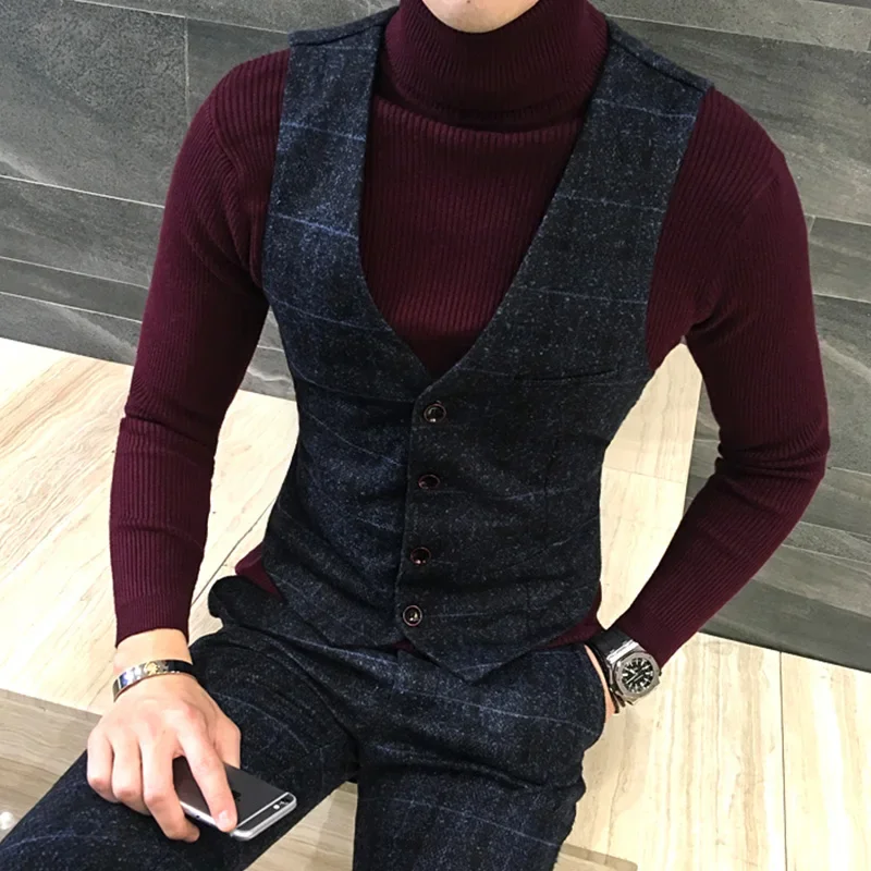 Fine Cotton Fashion High-quality Goods Men's Grid Formal Wedding Dress Waistcoat Suit Vest Male Thick Grid Business Suit Vests 3