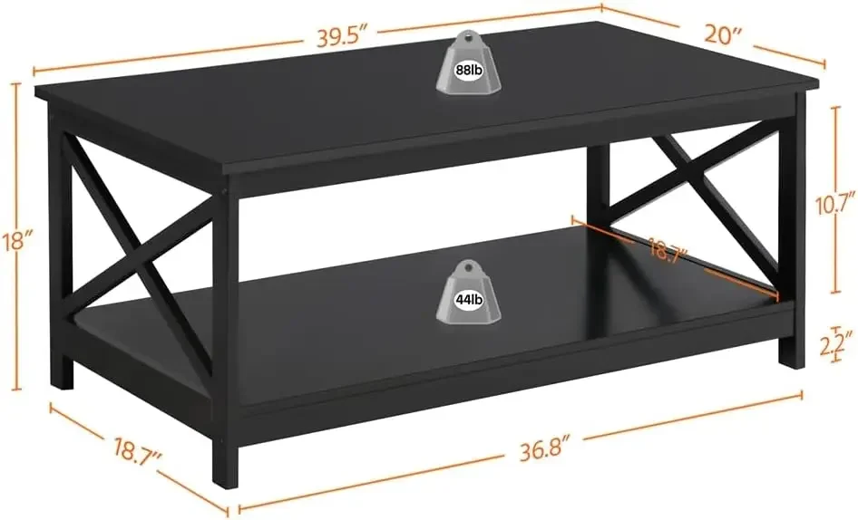 Wood 2-Tier Black Coffee Table with Storage Shelf for Living Room, X Design Accent Cocktail Table, Easy Assembly Home Furniture 3