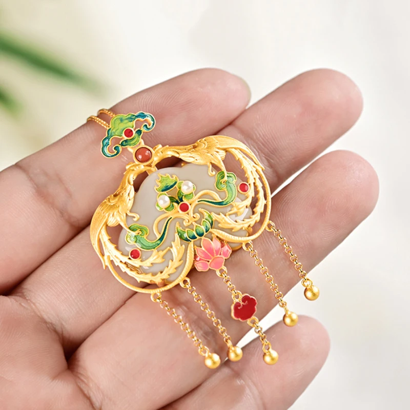 Natural Hetian Jade Palace Style Enamel Porcelain Phoenix Pendant