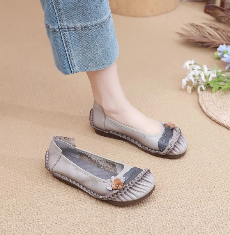 New retro floral ballet flats mujer women's barefoot shoes slip on loafers women cowhide leather moccasins casual walking shoes