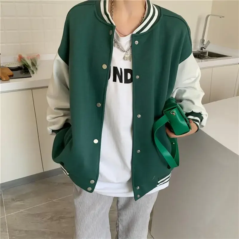 

Oversized Autumn Winter Baseball Jacket Women College Uniform Korean Fashion Streetwear Green Jackets Female Loose Coat