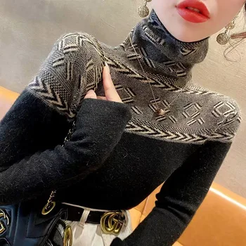여성용 터틀넥 점퍼, 슬림 패션 빈티지 스웨터, 용수철 긴팔 패션, 내부 기본 니트 풀오버