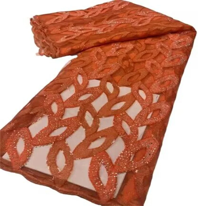 

Orange Elegant African Lace Fabric 5 Yards High Quality Rhinestone Soft French Tulle Nigerian Wedding Asoebi Women Dress Laces
