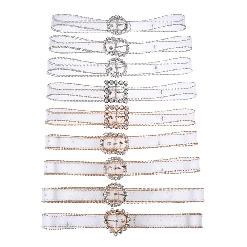 

Fashion Diamond Pearl Waist Belts New Design Transparent Belt White Versatile Waistband Pvc Plastic Waist Strap Hot Sale