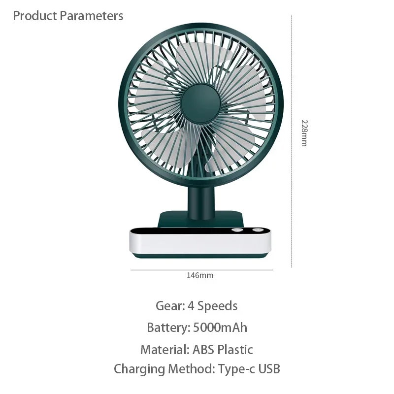 USB Rechargeable Oscillating Desk Fan 4 Speed Settings 5000mAh Mini Table Cooling Fan Adjustable Head Home Office Personal Fan 6