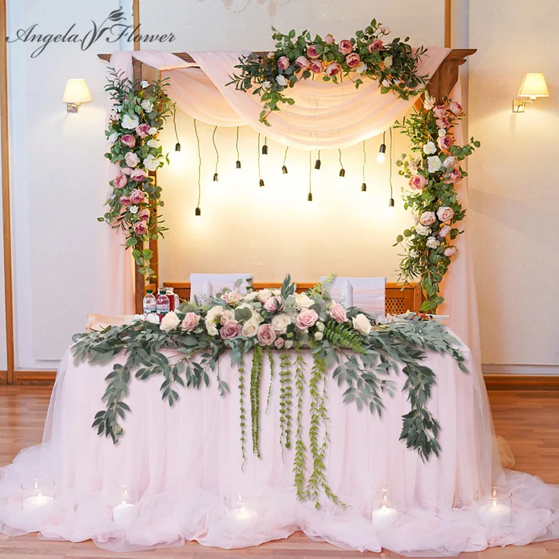 Ghirlanda Artificiale Fiori Da Porta O Parete | Rosa Champagne | 40 Cm | Per Matrimoni E Decorazioni Casa