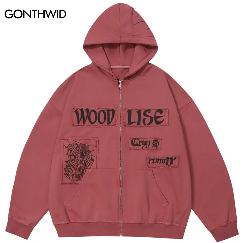 

Hip Hop Zipper Sweatshirt Coat Y2K Harajuku Embroidery Spider Web Letter Patch Zip Hoodie Jacket Streetwear Fashion Hooded Coats