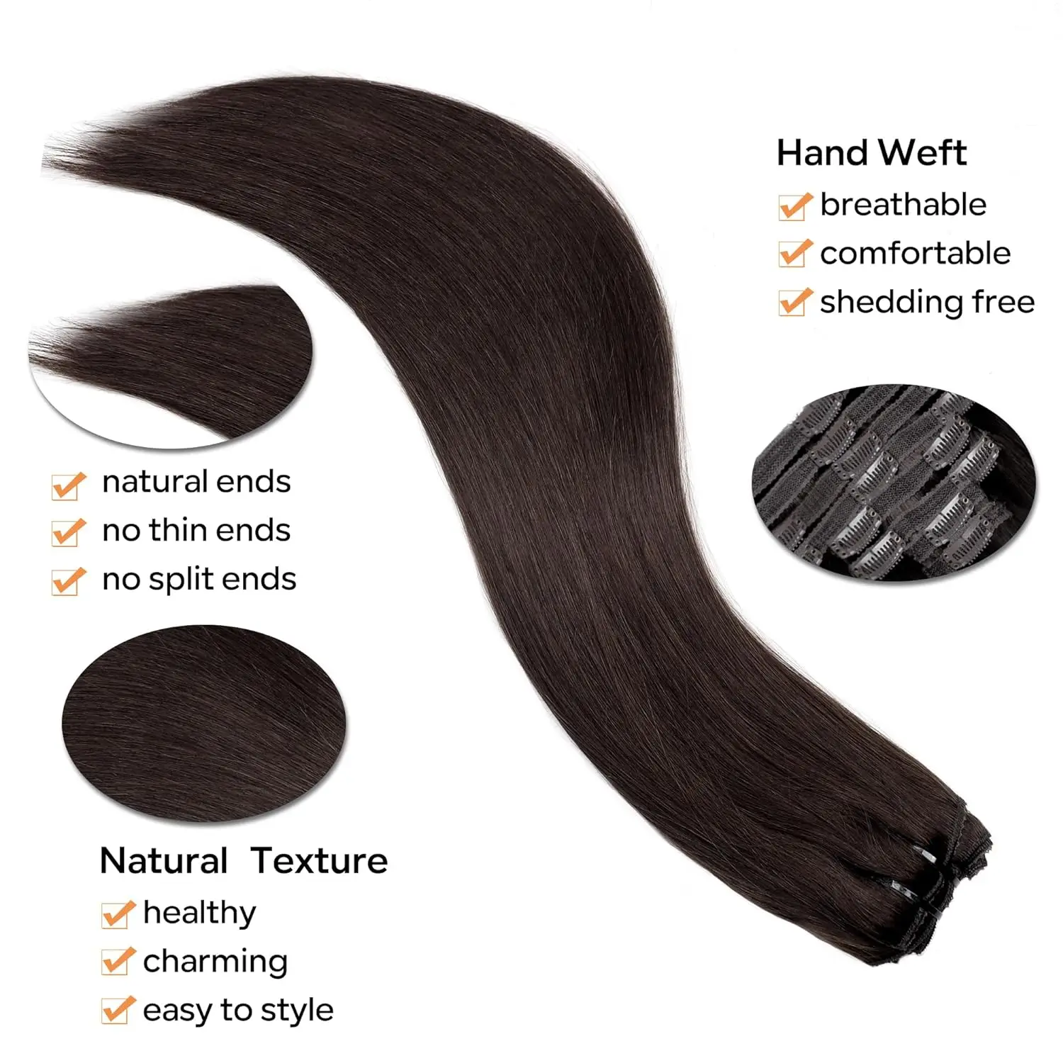 Straight Clip In Hair Extensions Real Human Hair 8Pcs Clip In Dark Brown Human Extensions Color #2 Weft Remy Extension
