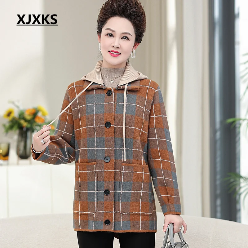 

XJXKS 2022 Autum Winter Latest Detachable Hat Women's Woolen Coat Single-breasted With Pockets Loose Large Size Plaid Jacket