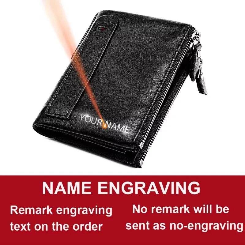 Genuine Leather RFID Card Holder & Coin Purse with Name Engraving - Short Style, Double Zipper, Unisex Design