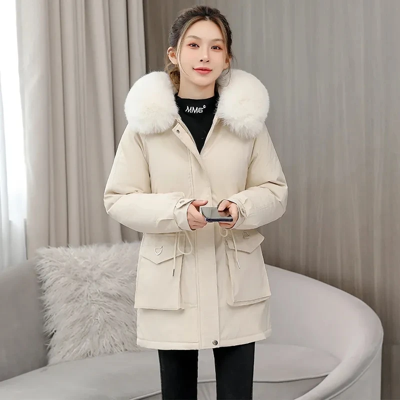 

2023 Winter Padded Plus Size 3XL Fur Parka New Big Fur Collar Down Mid Length Jacket Women Thick Warm Parkas Female Outerwear