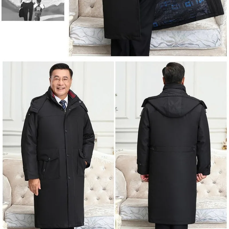 Down Jacket Men Faux Fur Collar Middle-Aged Hooded Long Below Knee Thickening Detachable Liner Dad Loose Warm Coat Thick Parkas