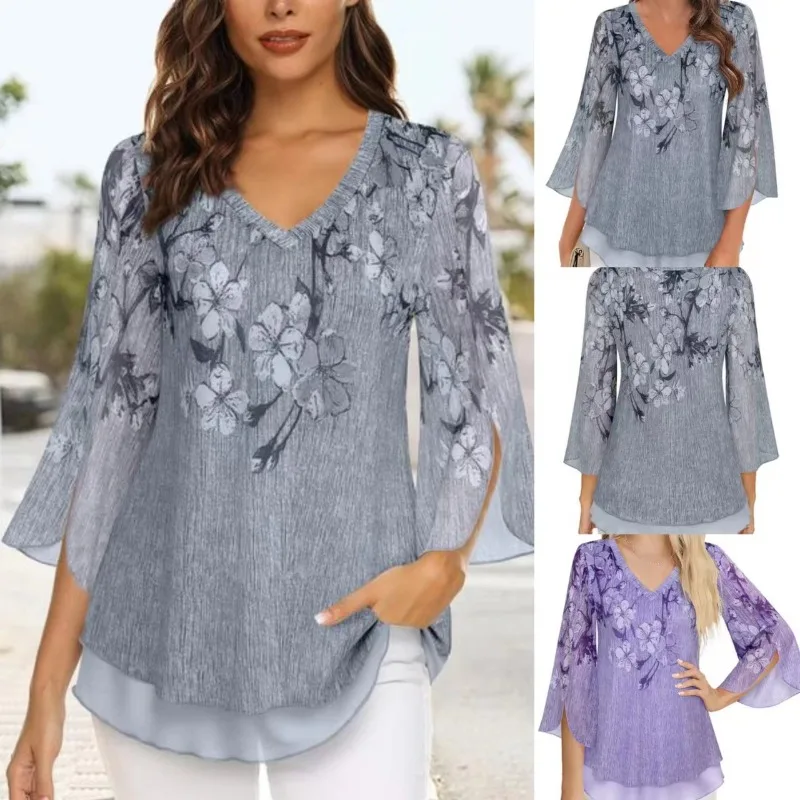 

2024 Spring and Summer New Women's Tops Shirt Elegant Printing Temperament V-Neck Seven Sleeve Irregular Blouse