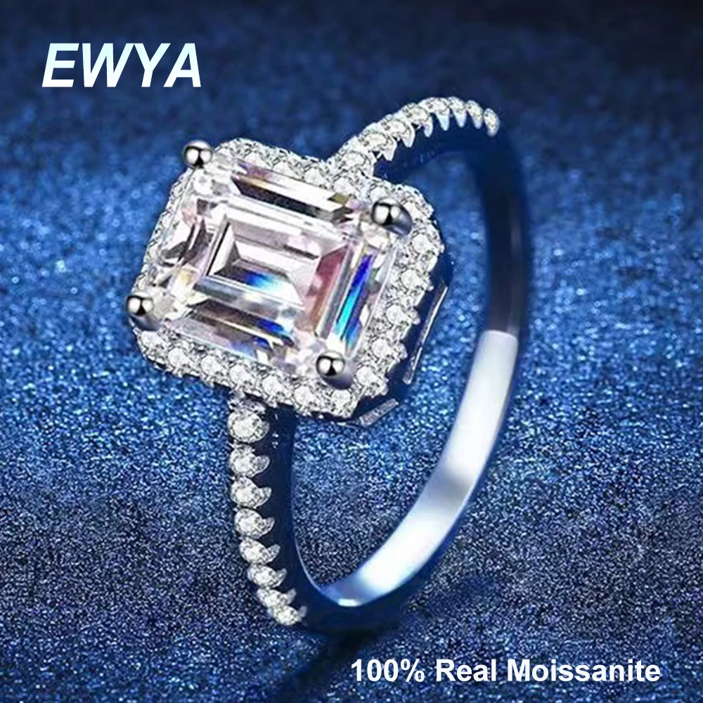 

EWYA GRA Certified Radiant Cut Moissanite Rings For Women 2CT Clear Diamond Proposal Ring 925 Sterling Silver Wedding Jewelry