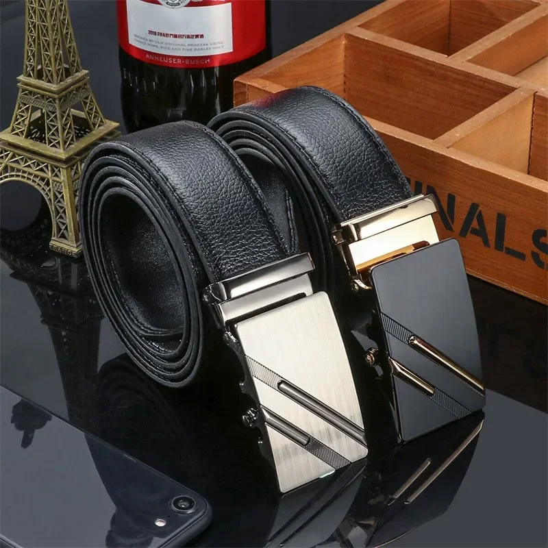 

120cm Men'S Belt Luxury Automatic Business Waistband Male Cow Strap Belts For Men Leather Designer Gold Silver Ratchet Buckle