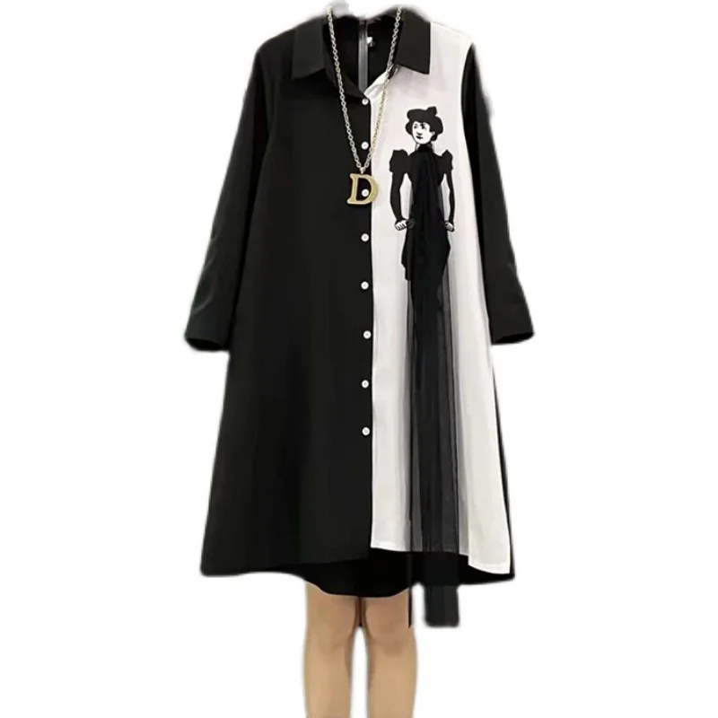 

Женское весеннее черно-белое платье-рубашка в стиле пэчворк 2022, повседневные Модные женские сетчатые блузки с принтом, Платья До Колена, одежда в эстетике плюс