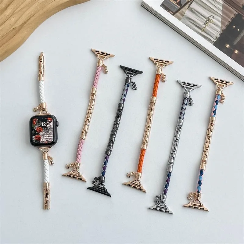 

Ремешок кожаный плетеный для Apple Watch 49 мм 41 мм 45 мм 38 мм 42 мм 44 мм 40 мм, тонкий женский браслет для iWatch Ultra 8 7 SE 6 5
