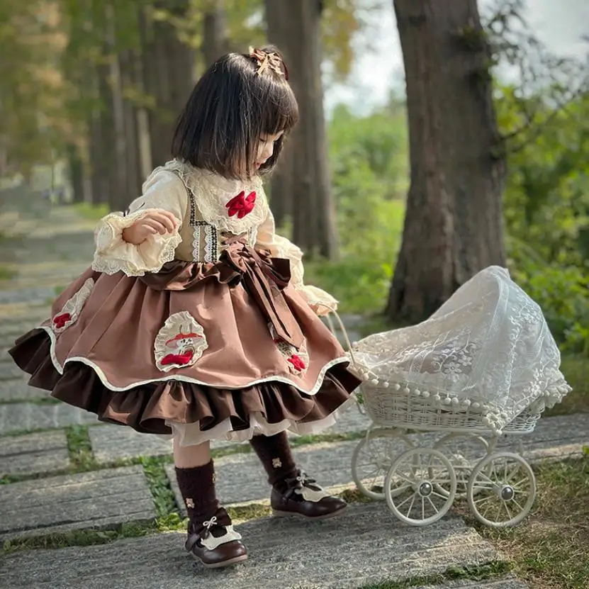 

Spanish Vintage Lolita Princess Gown Bow Lace Embroidery Design Birthday Baptism Party Easter Eid Dresses For Girl A2262