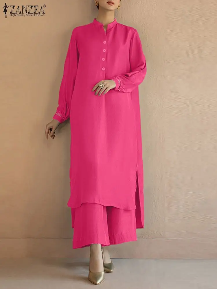 ZANZEA Retro Wide Leg Trousers Outfits Women Solid 2PCS Pant Sets 2023 Autumn Irregular Split Hem Long Shirt Suits Oversized Set